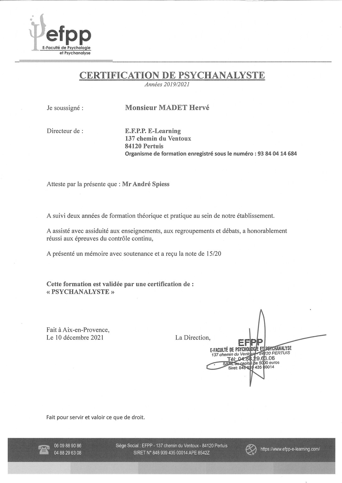 Certificat Psychanalyste